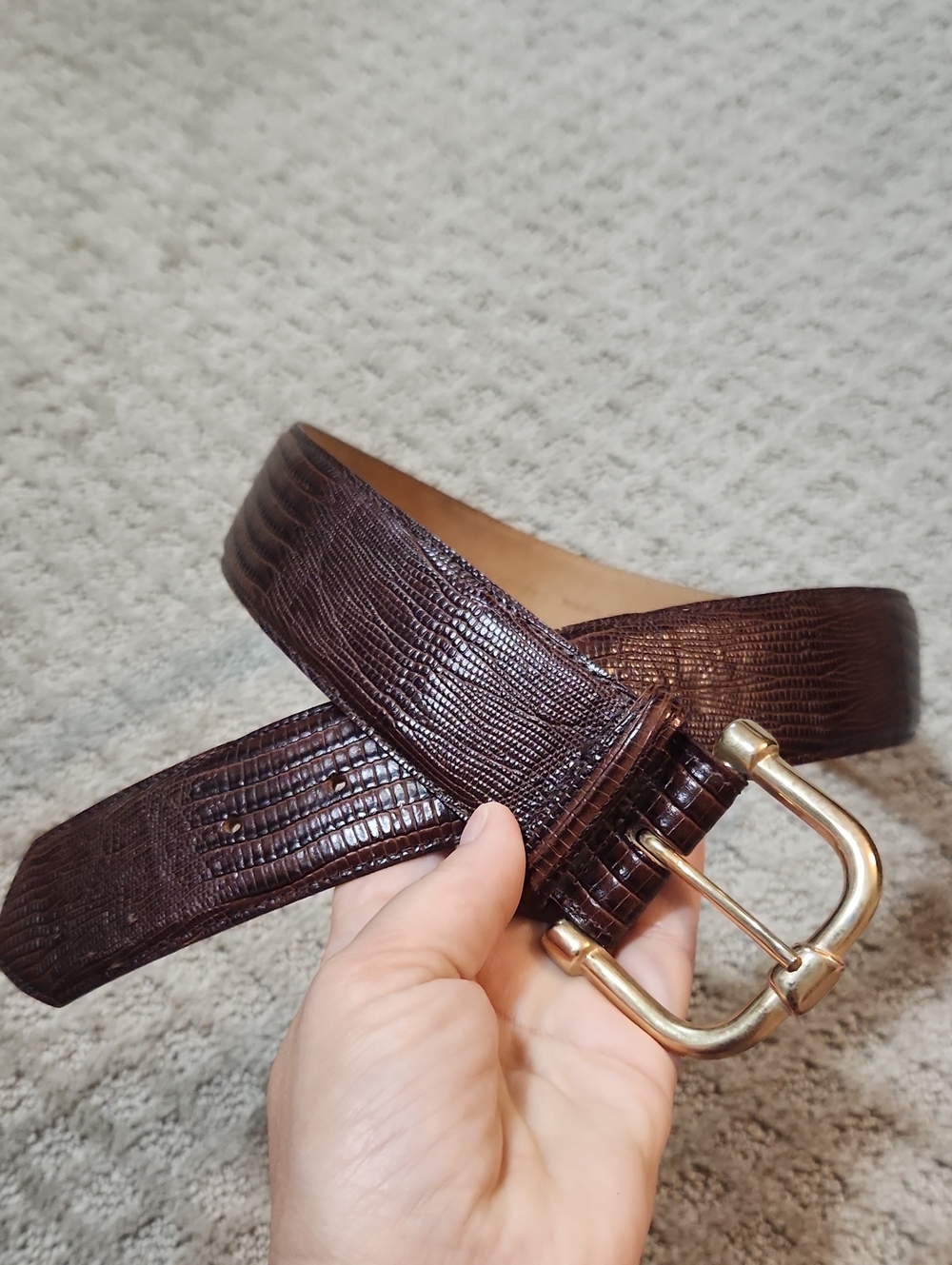 Mark Shale Reptile Embossed Textured Brown Leather Belt Gold Buckle Size Medium
